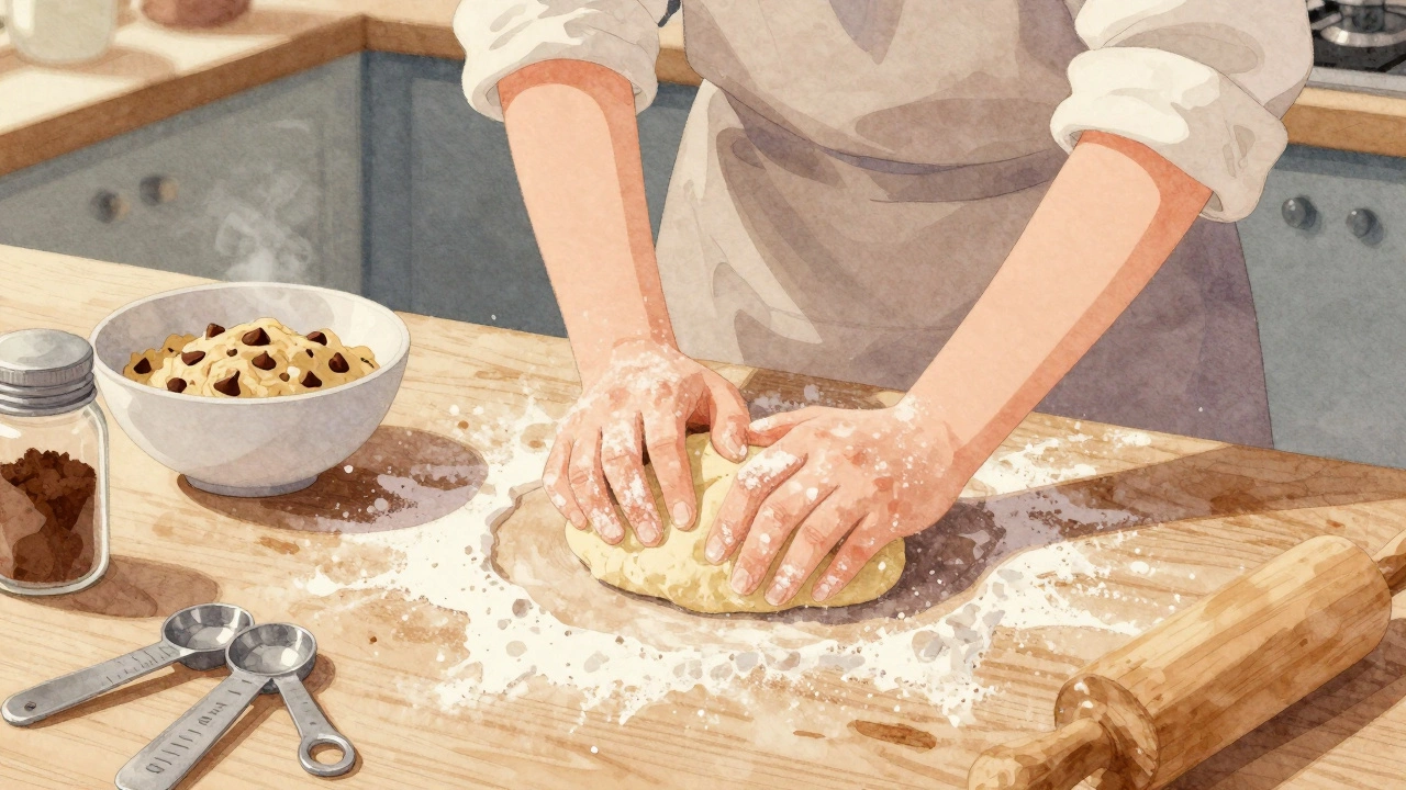 A woman kneads dough at a flour-dusted kitchen table, sunlight highlighting floating particles in the air.