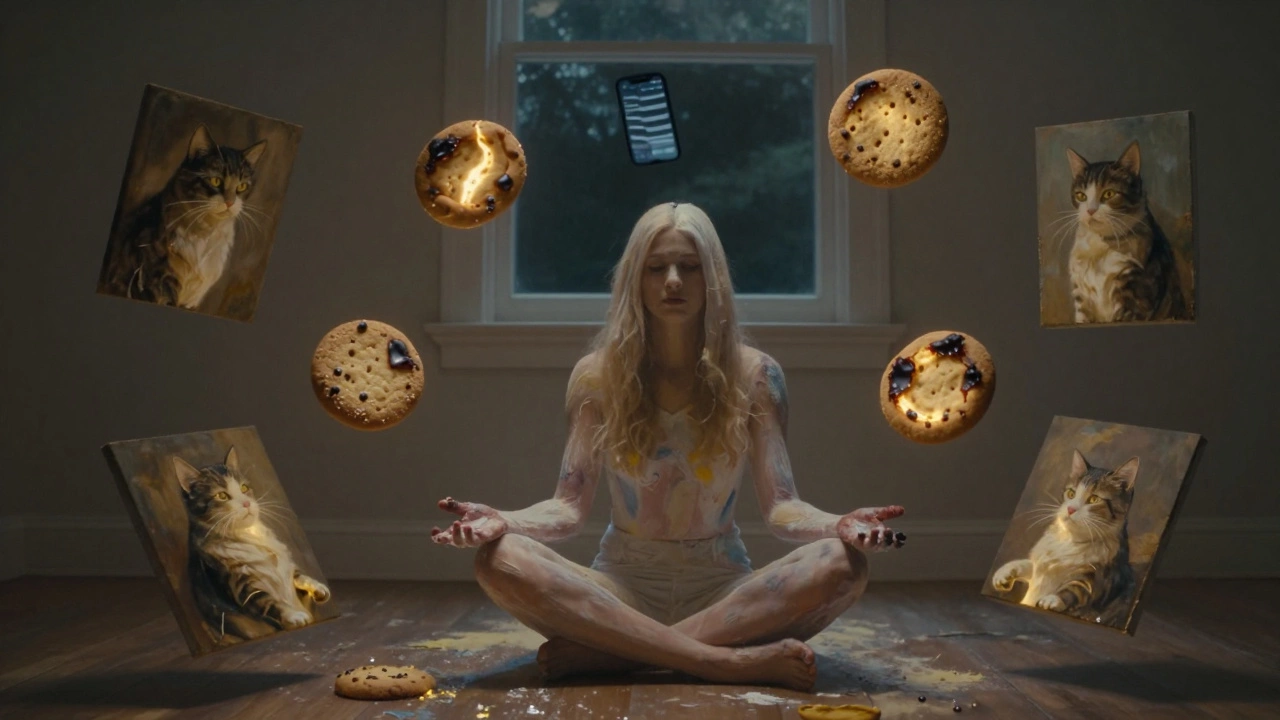 Floating paintings and cookies glow around a woman sitting on the floor, her body blending into her creations.